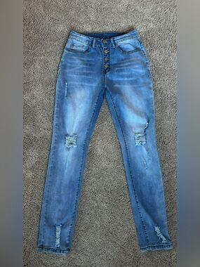 High Rise Button Fly Distressed Skinny Jeans Blue Size S Women’s
